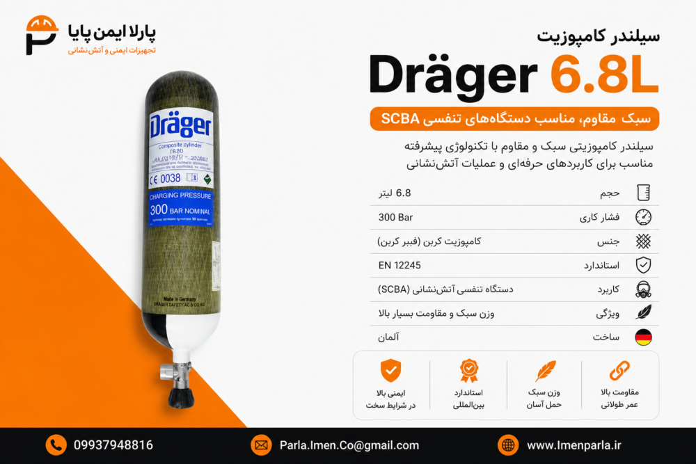 سیلندر کامپوزیت 6.8 لیتری دراگر با فشار کاری 300 بار مناسب دستگاه تنفسی آتش‌نشانی SCBA